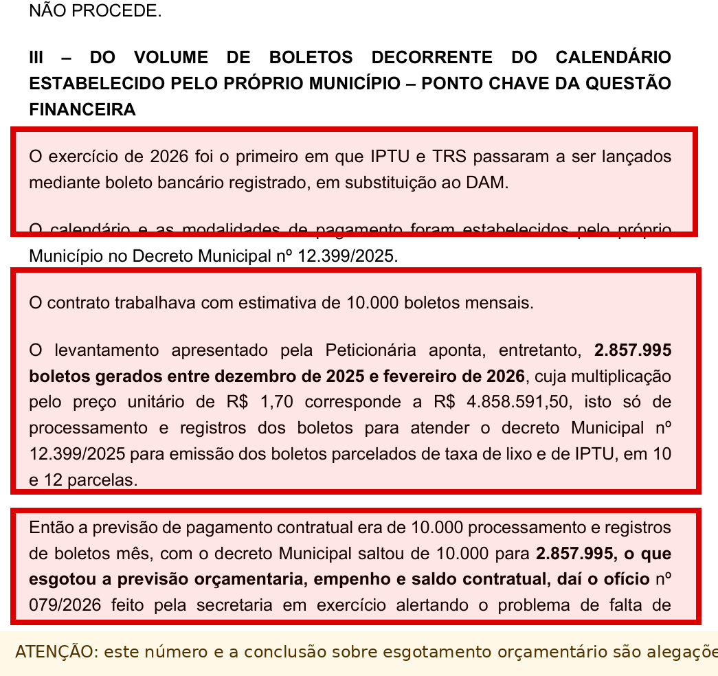 Trecho da manifestação da defesa sobre o volume de boletos e a previsão orçamentária