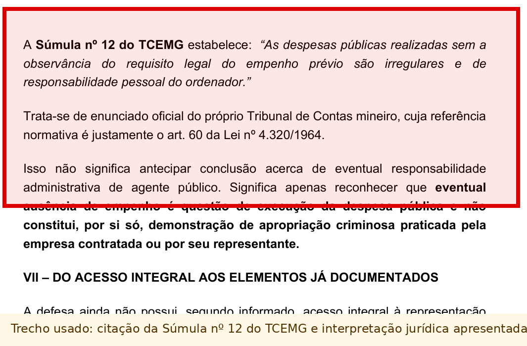 Trecho da manifestação defensiva com referência à Súmula 12 do TCEMG
